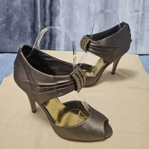 Nine West Bronze & Gold Rhinestone Strappy High Heels - Size 6 - Picture 2 of 7